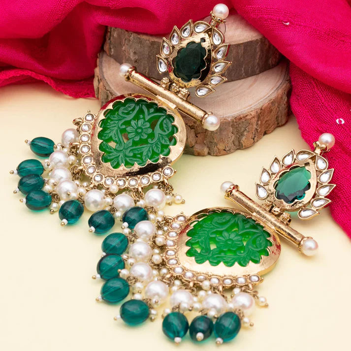 Tehzeeb Creations Latest Gold Polish Kundan & Pearl Studded Designer Drop Long Earrings For Women And Girls Green | Swadesiicart