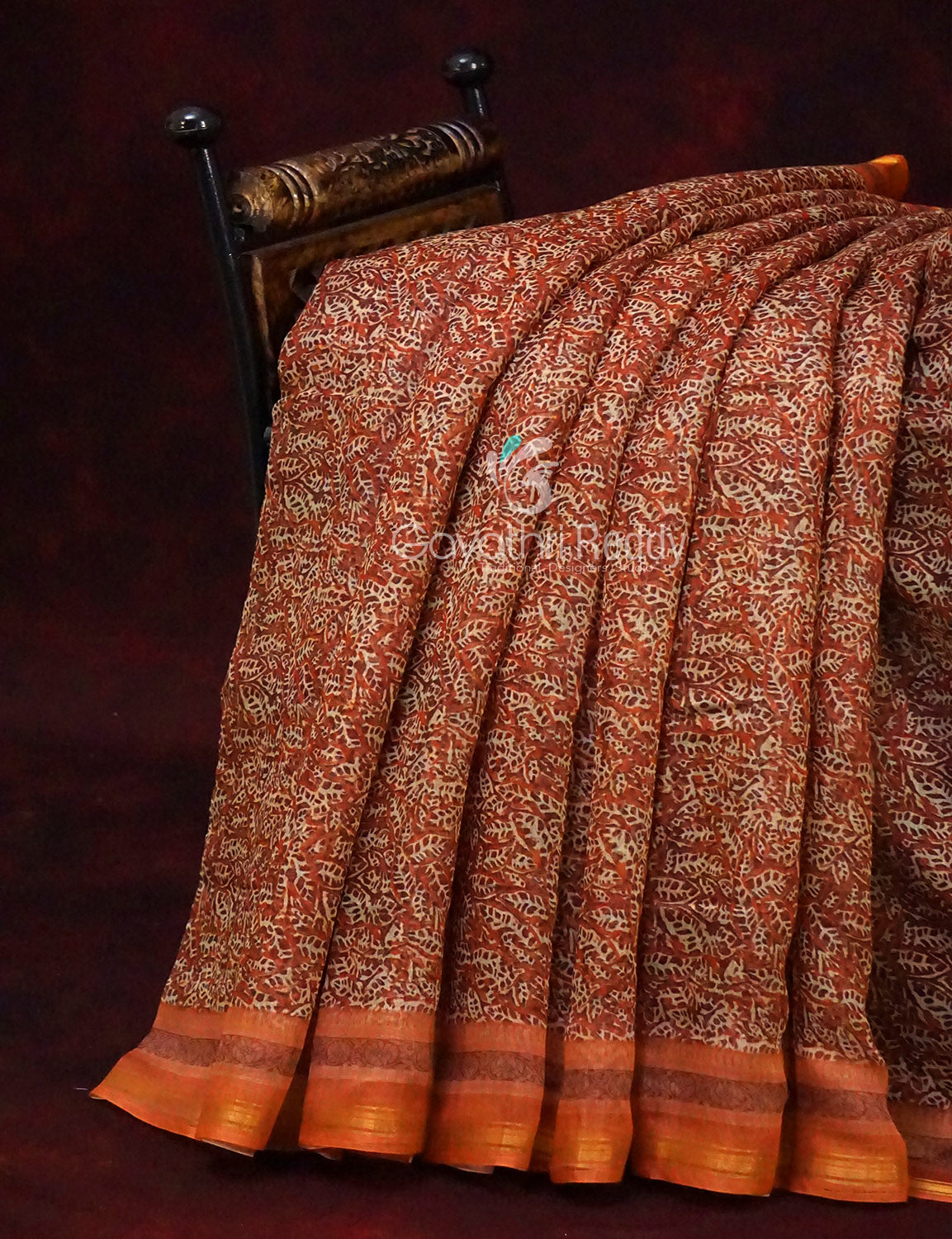 Orange and Rust Printed Semi Chanderi Saree By Gayathri Reddy Designer Studio | Swadesiicart