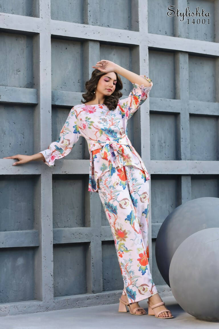 Women's Partywear Designer White & Multi Muslin co-ord set - Stylishta - Swadesiicart