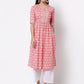 Myshka Women's Pink Printed 3/4 Sleeve Cotton Round Neck Dress