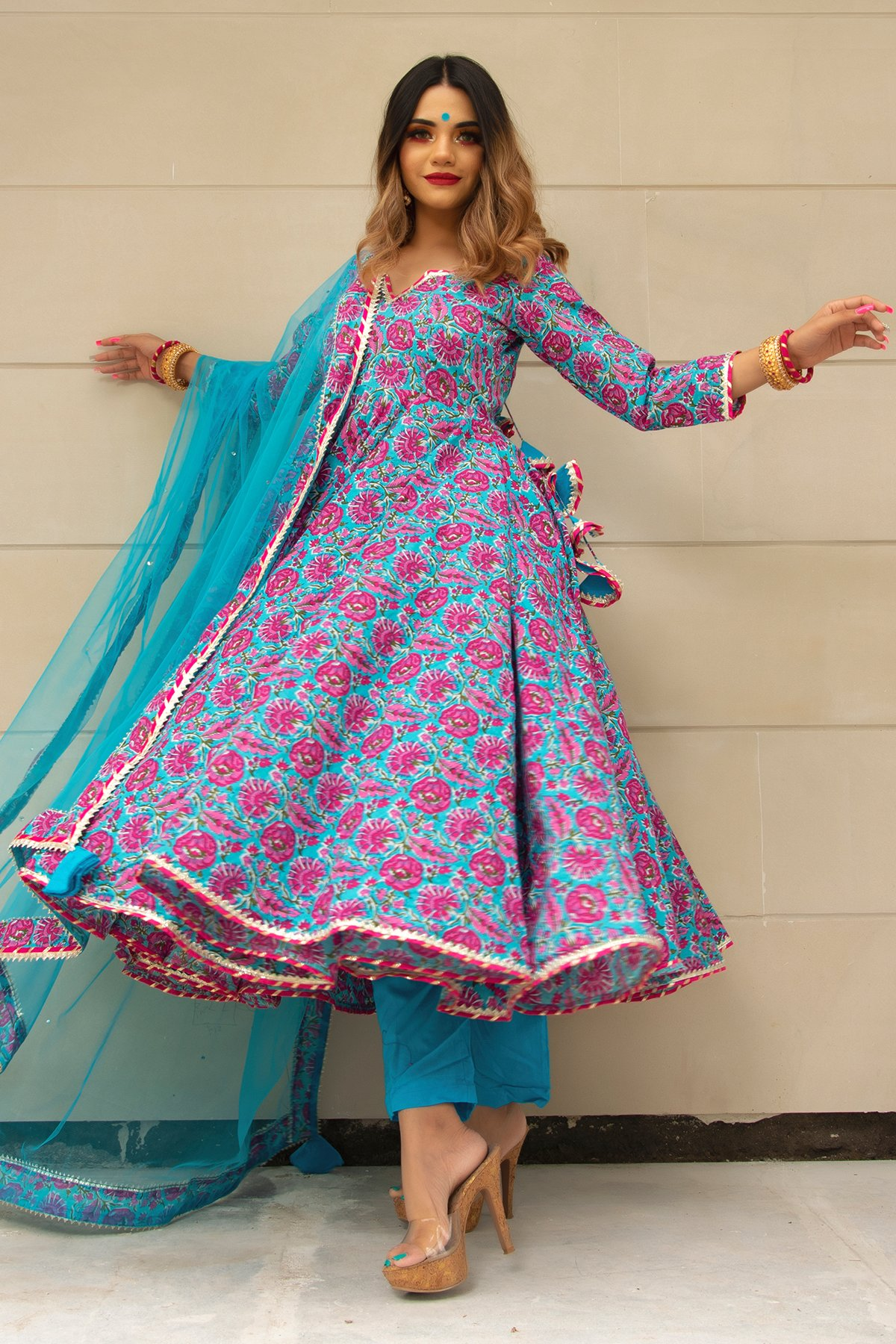 Pomcha Jaipur Chitra Hand Block Cotton Anarkali Set | Swadesiicart