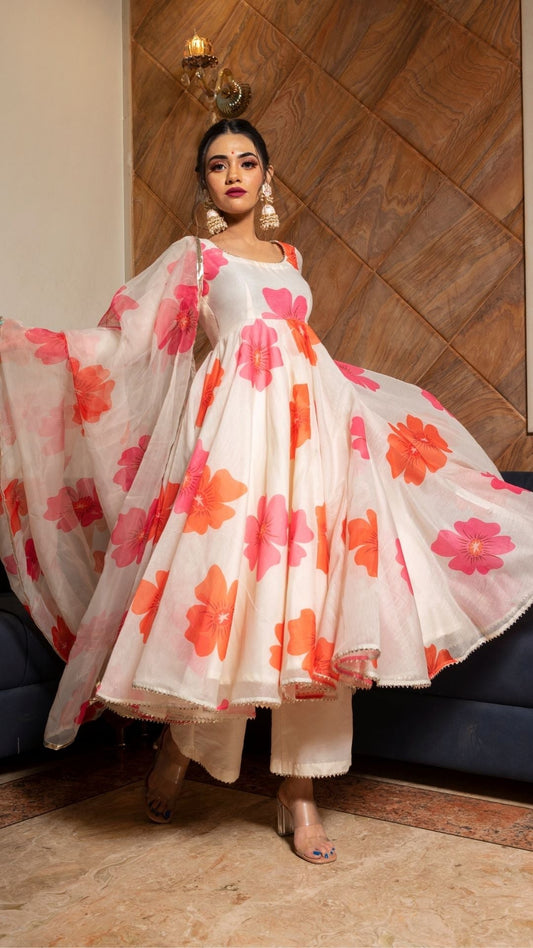Pomcha Jaipur Carnation Off White Anarkali Set | Swadesiicart