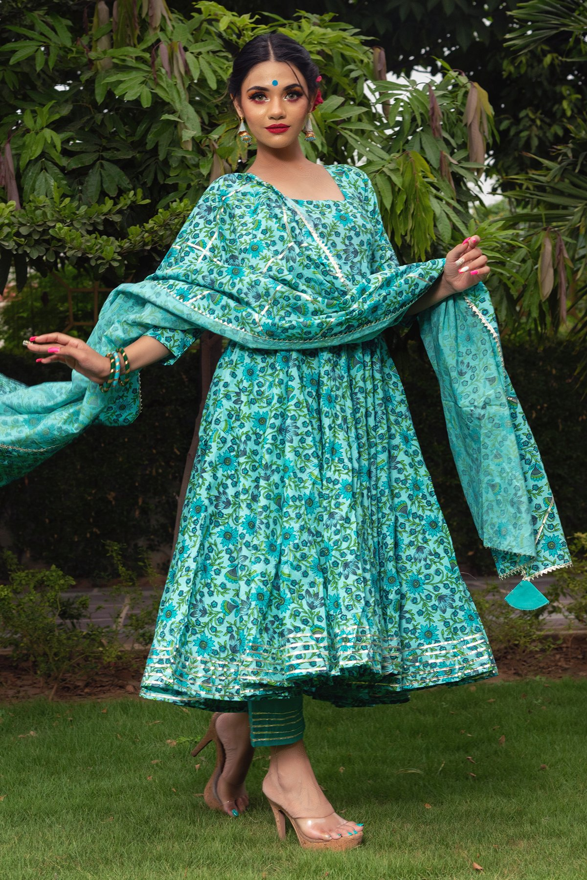 Pomcha Jaipur Morni Hand Block Cotton Anarkali Set | Swadesiicart