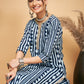 InWeave Women's White Navy Stripe Print Gota Straight Kurta Pant Set - Swadesiicart