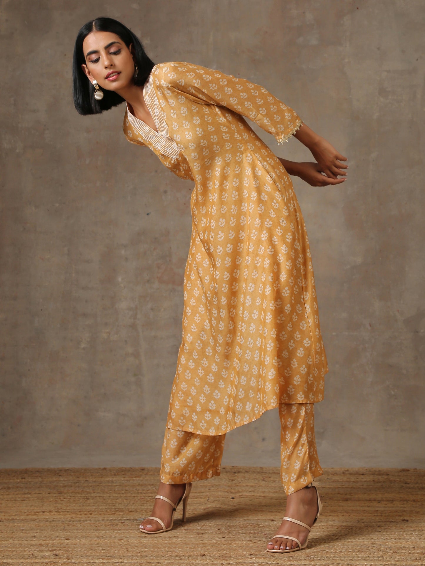 trueBrowns Beige White Flared Printed Silk Kurta Pant Set | Swadesiicart