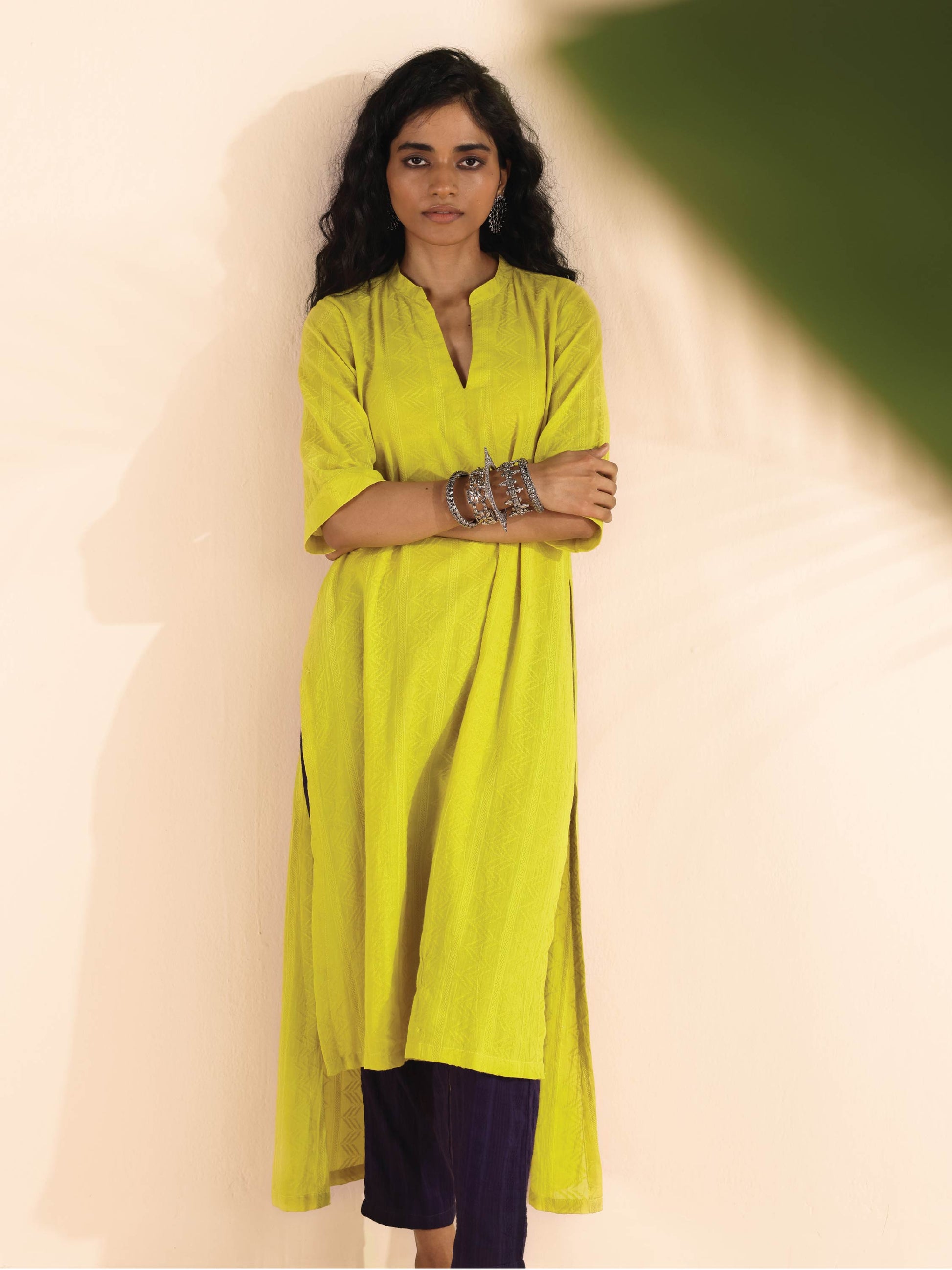 trueBrowns Lime Cotton Dobby High-Low Kurta Pant Set | Swadesiicart
