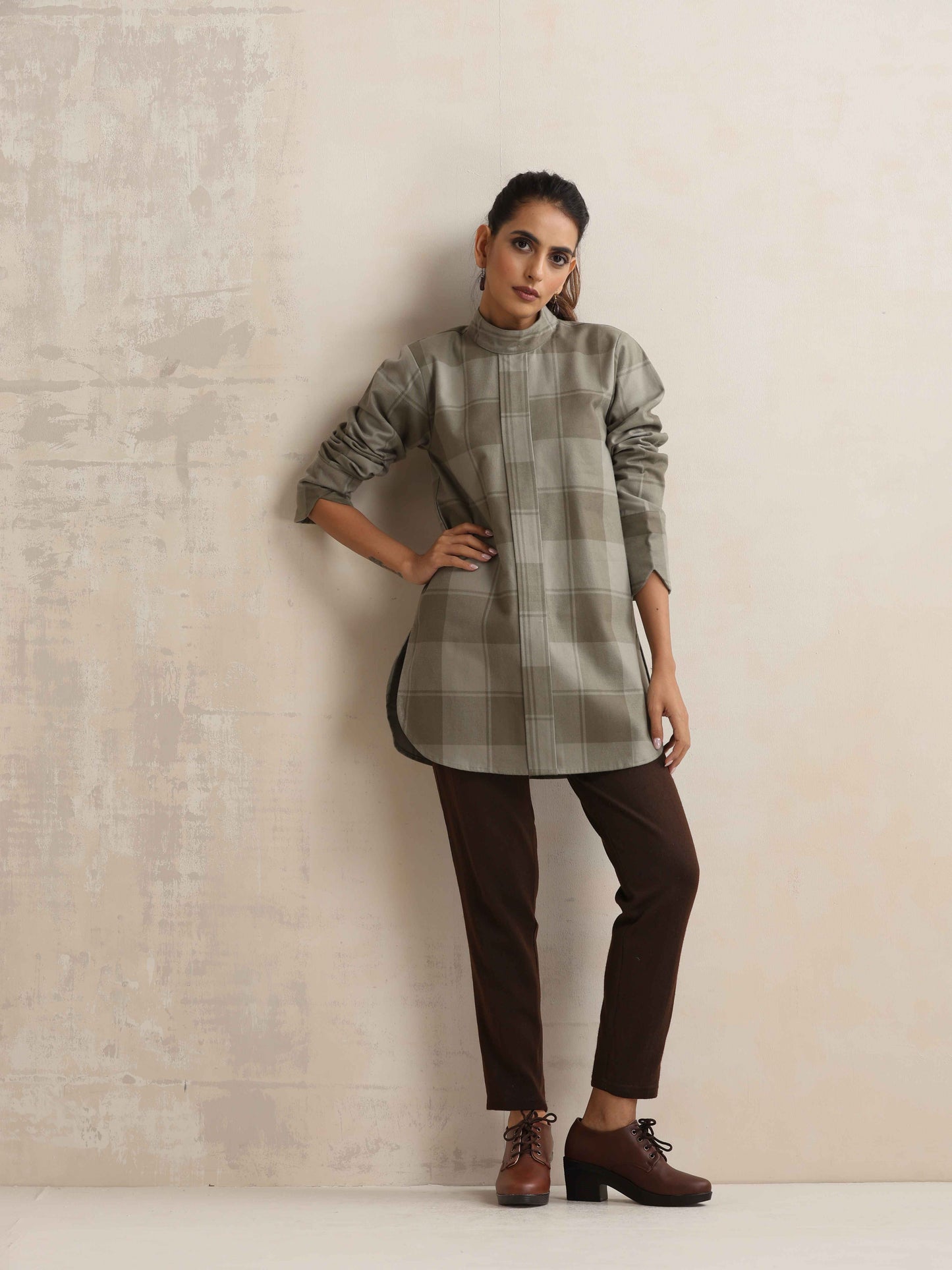 trueBrowns Green Check High Neck Winter Top | Swadesiicart