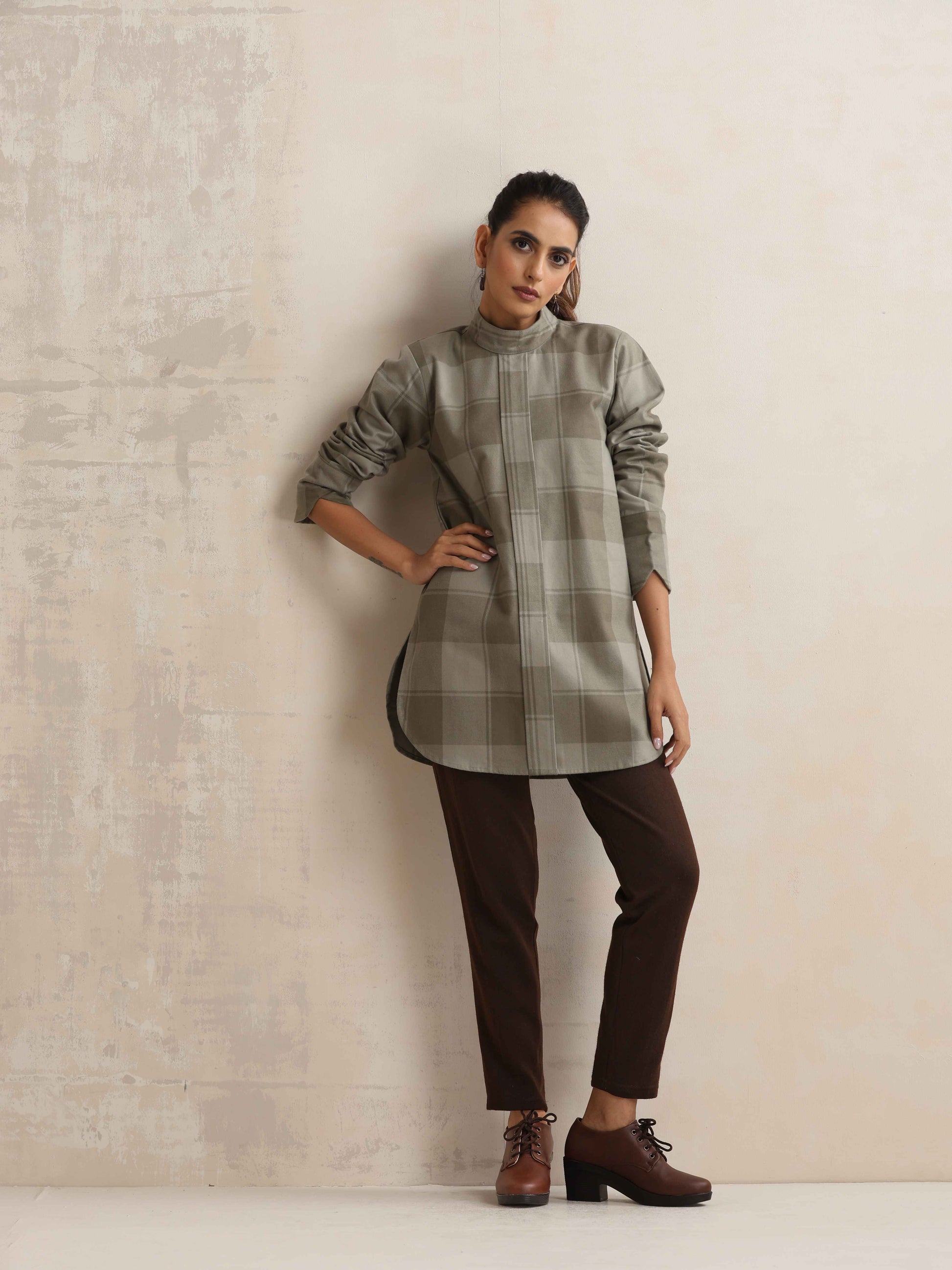 trueBrowns Green Check High Neck Winter Top | Swadesiicart