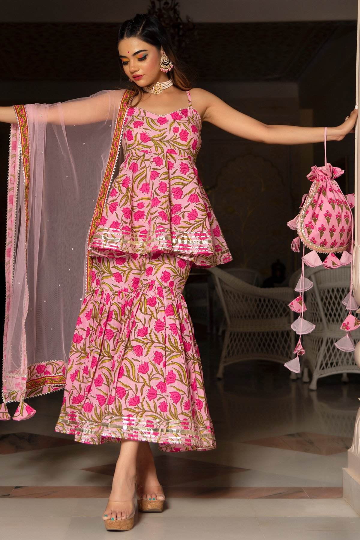 Pomcha Jaipur Nazakat Pink Cotton Hand Block Sharara Set | Swadesiicart