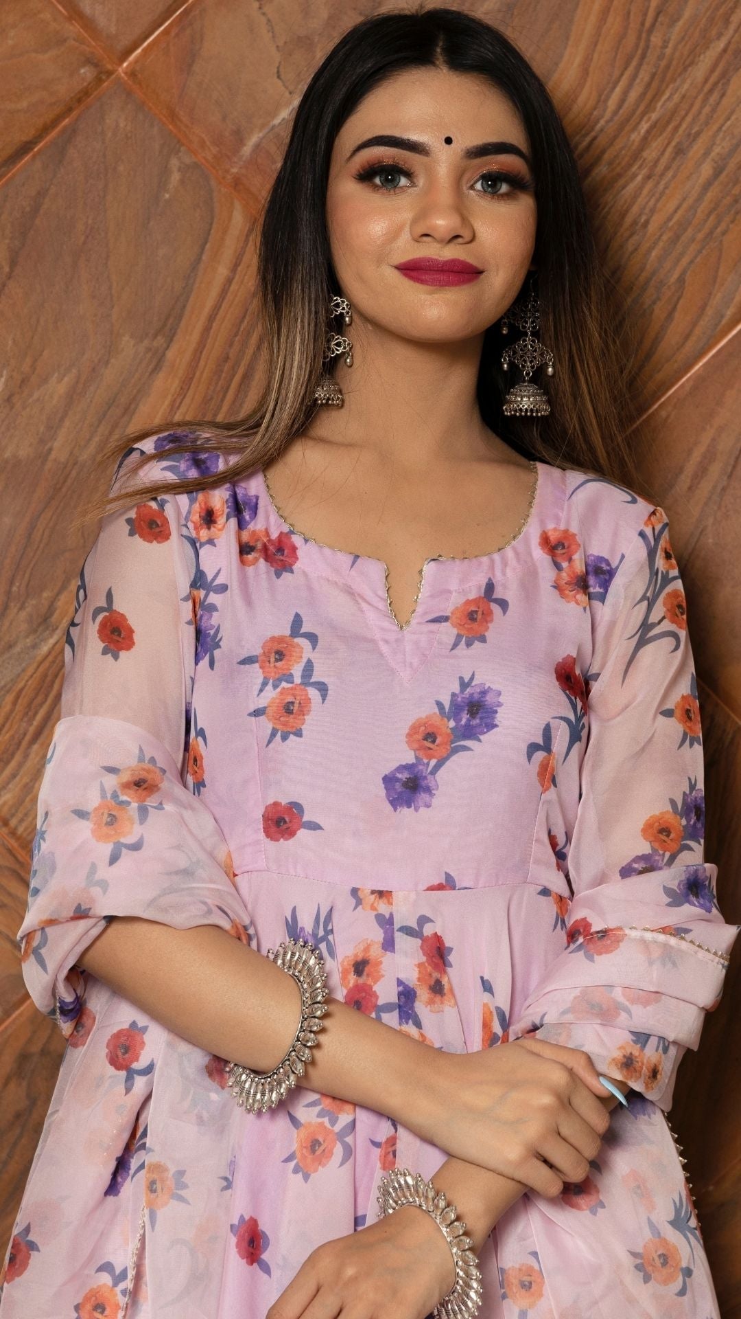 Pomcha Jaipur Lavender Gangaur Printed Organza Anarkali | Swadesiicart