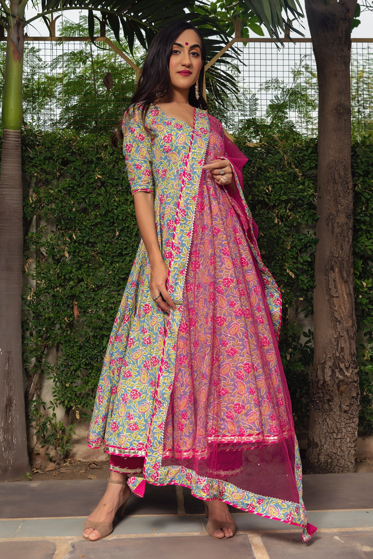 Pomcha Jaipur Jaipuri Hand Block Cotton Anarkali Set | Swadesiicart