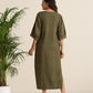 trueBrowns Olive Cotton Embroidered Dress | Swadesiicart