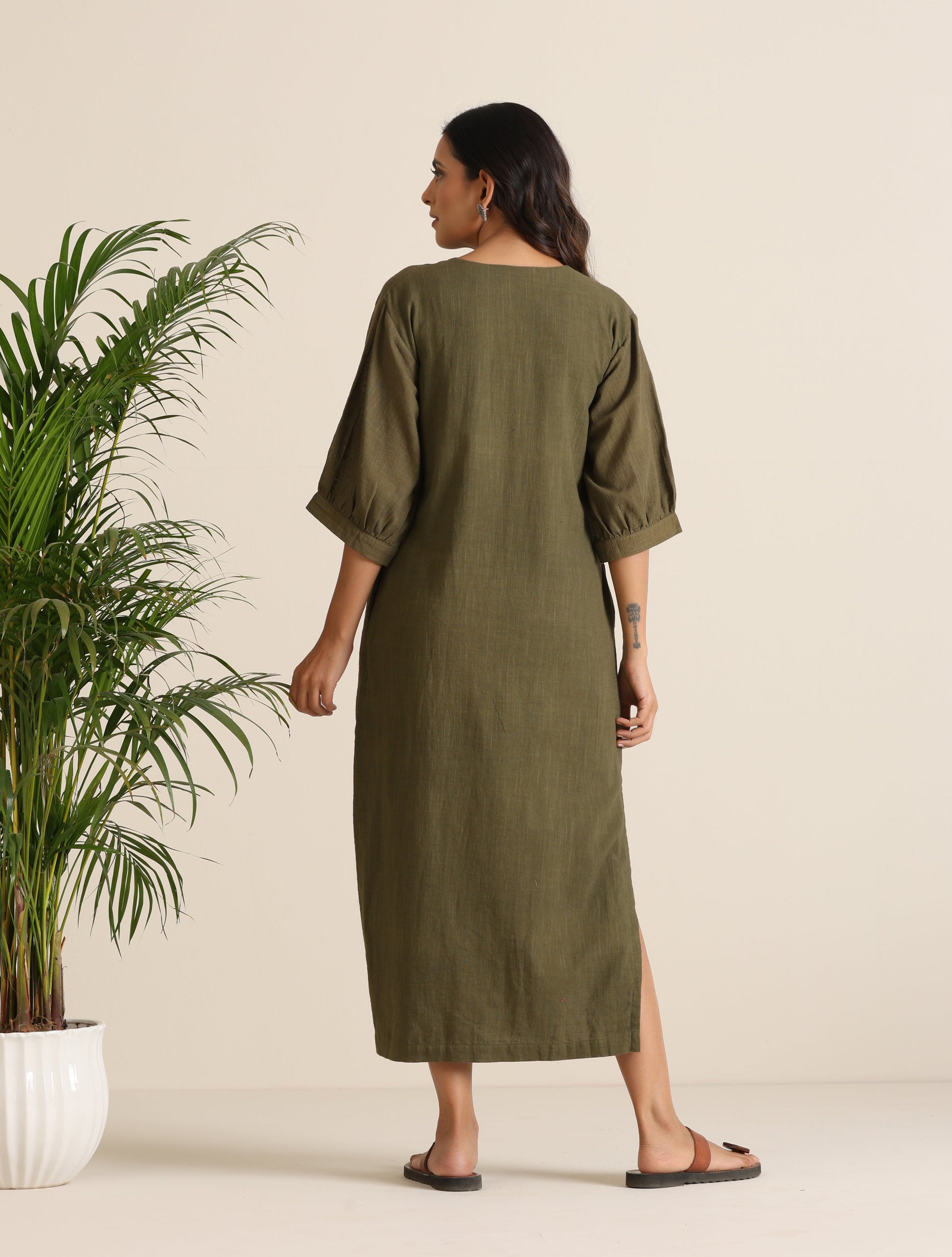 trueBrowns Olive Cotton Embroidered Dress | Swadesiicart