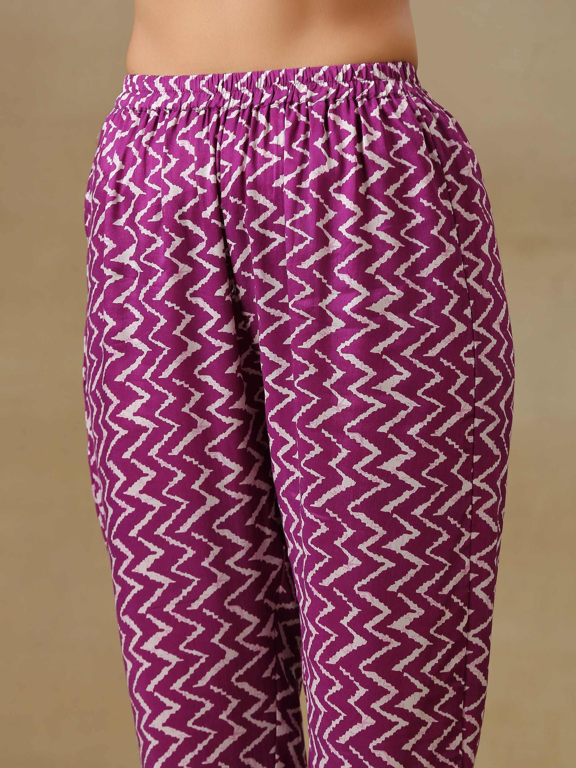 trueBrowns Purple Bandhani Printed Silk One Shoulder Kurta Pant Set | Swadesiicart