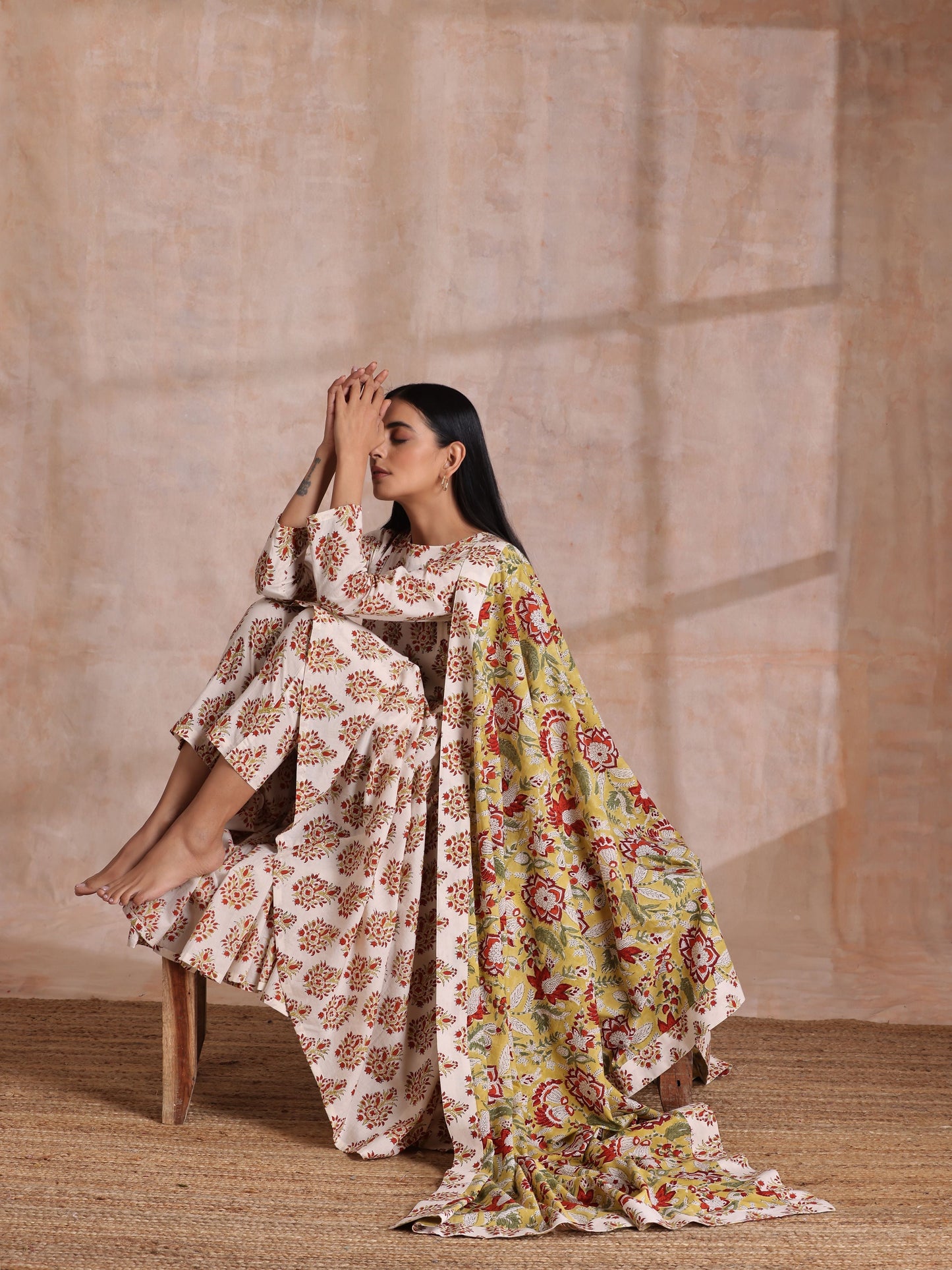 trueBrowns White With Red Yellow Buta Block Print Cotton Kurta Pant Dupatta Set | Swadesiicart