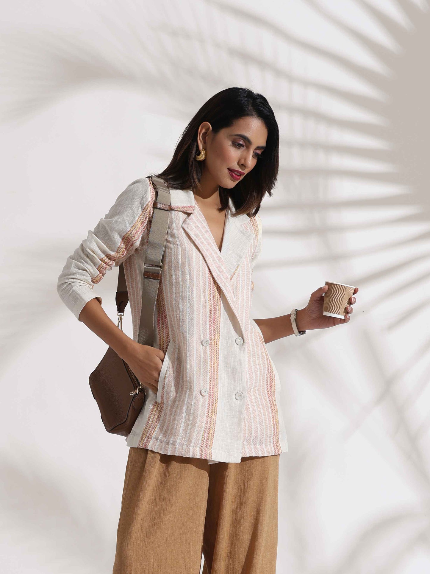 trueBrowns Beige Cotton Stripe Jacket Top Co-ord Set - Swadesiicart