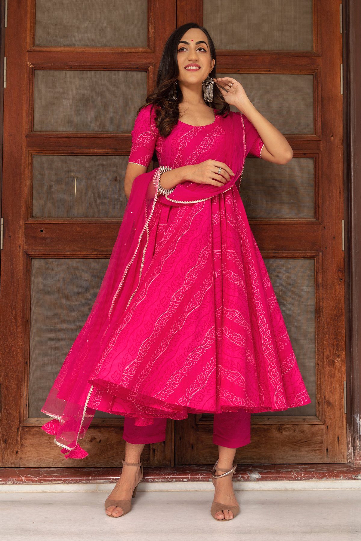 Pomcha Jaipur Bhandhej Pink Cotton Anarkali Set | Swadesiicart