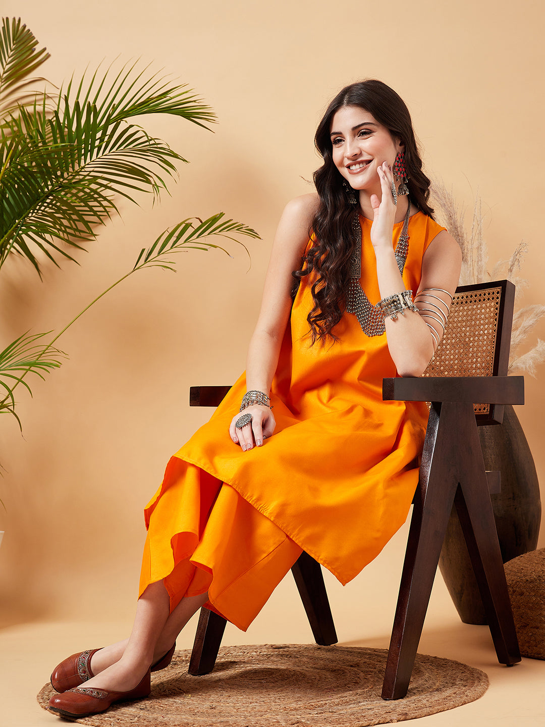 InWeave Women's Tangy Orange Short Kurta Palazzo Set - Swadesiicart