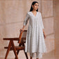 trueBrowns White With Teal Buta Block Print Cotton Front Neck Gathered Kurta Pant Set | Swadesiicart