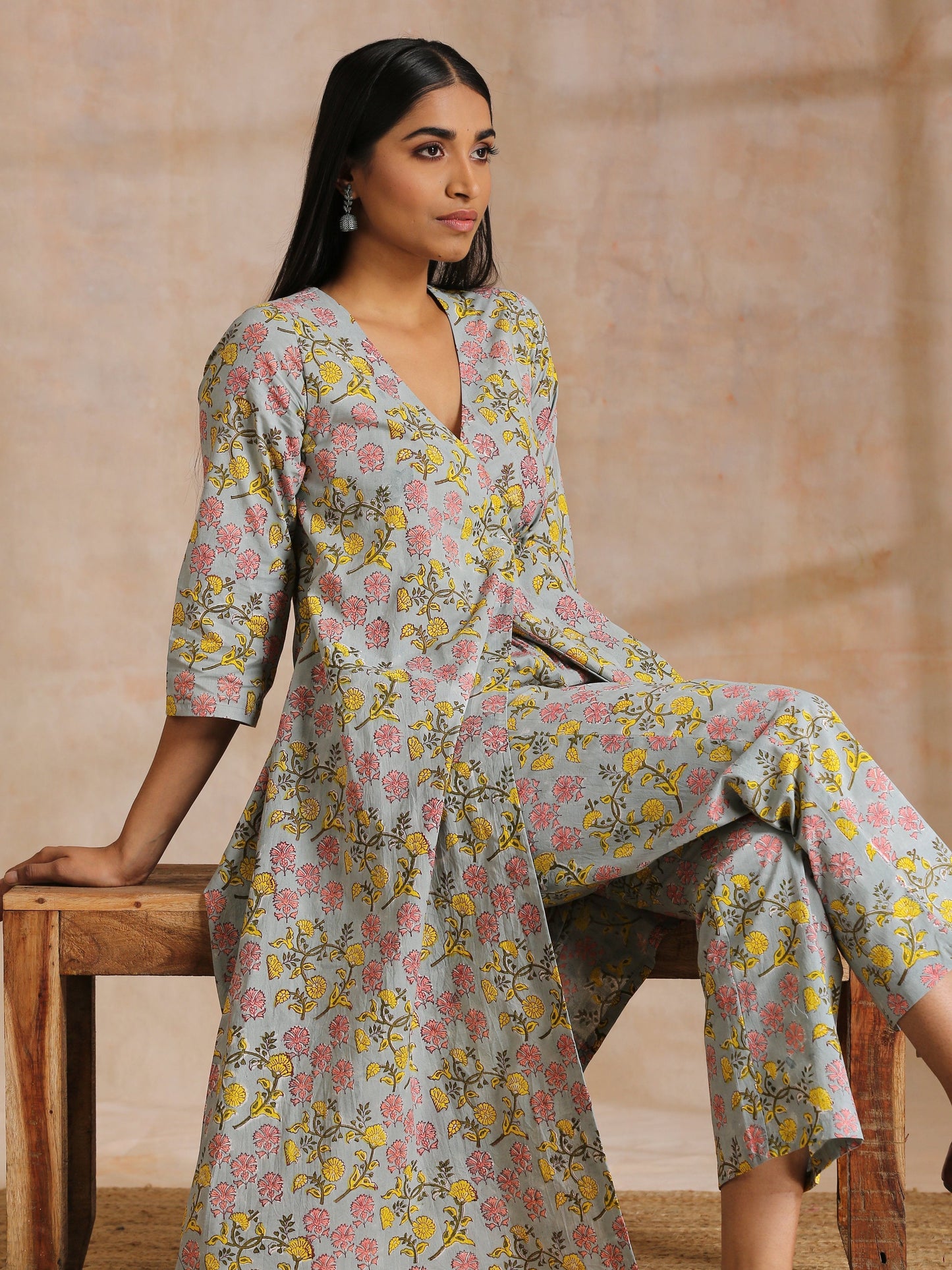 trueBrowns Grey Overall Floral Block Print Cotton Angrakha Kurta Pant Set | Swadesiicart
