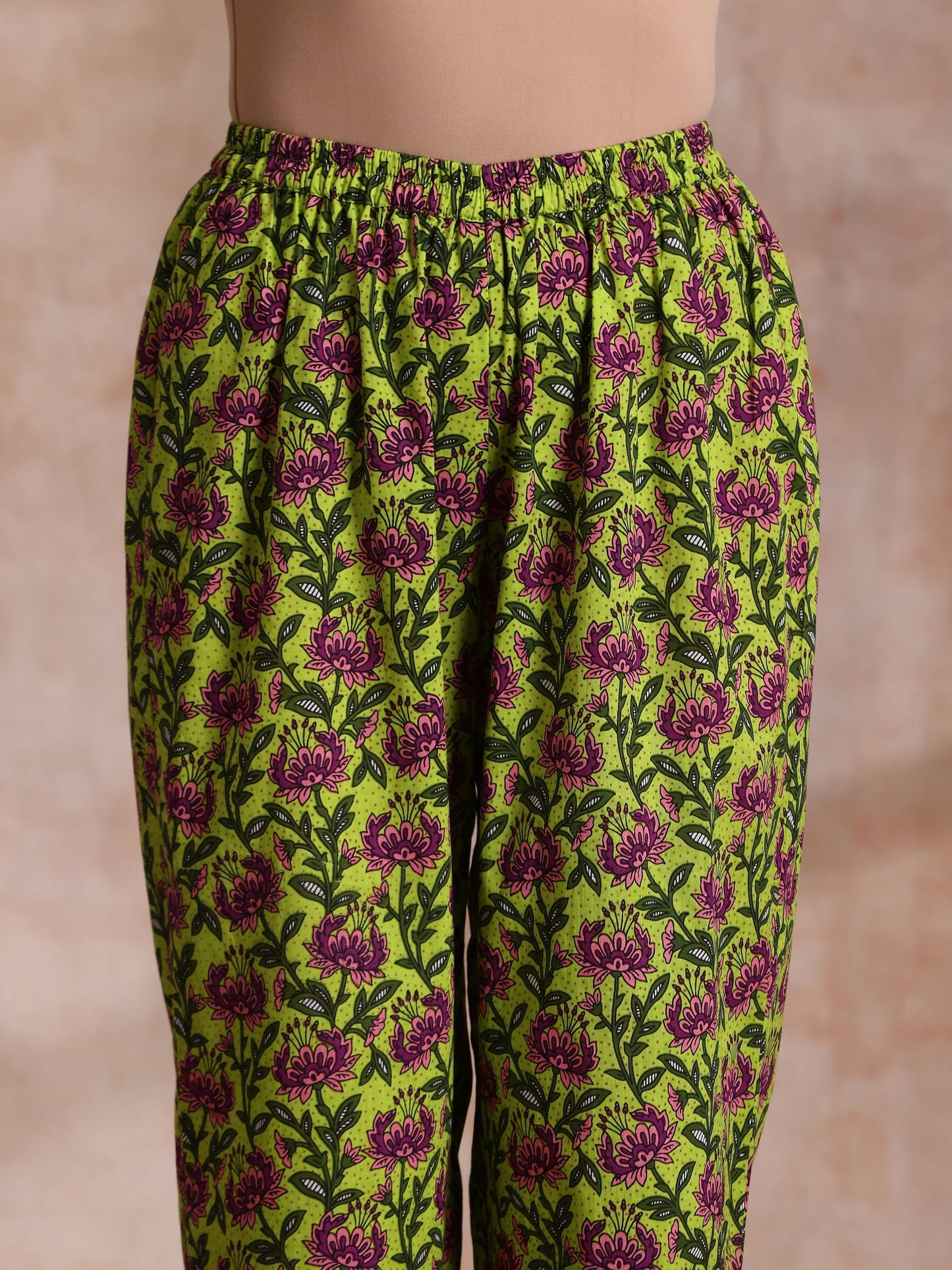 trueBrowns Lime Green Overall Pink Floral Block Print Cotton Flared Kurta Pant Set | Swadesiicart