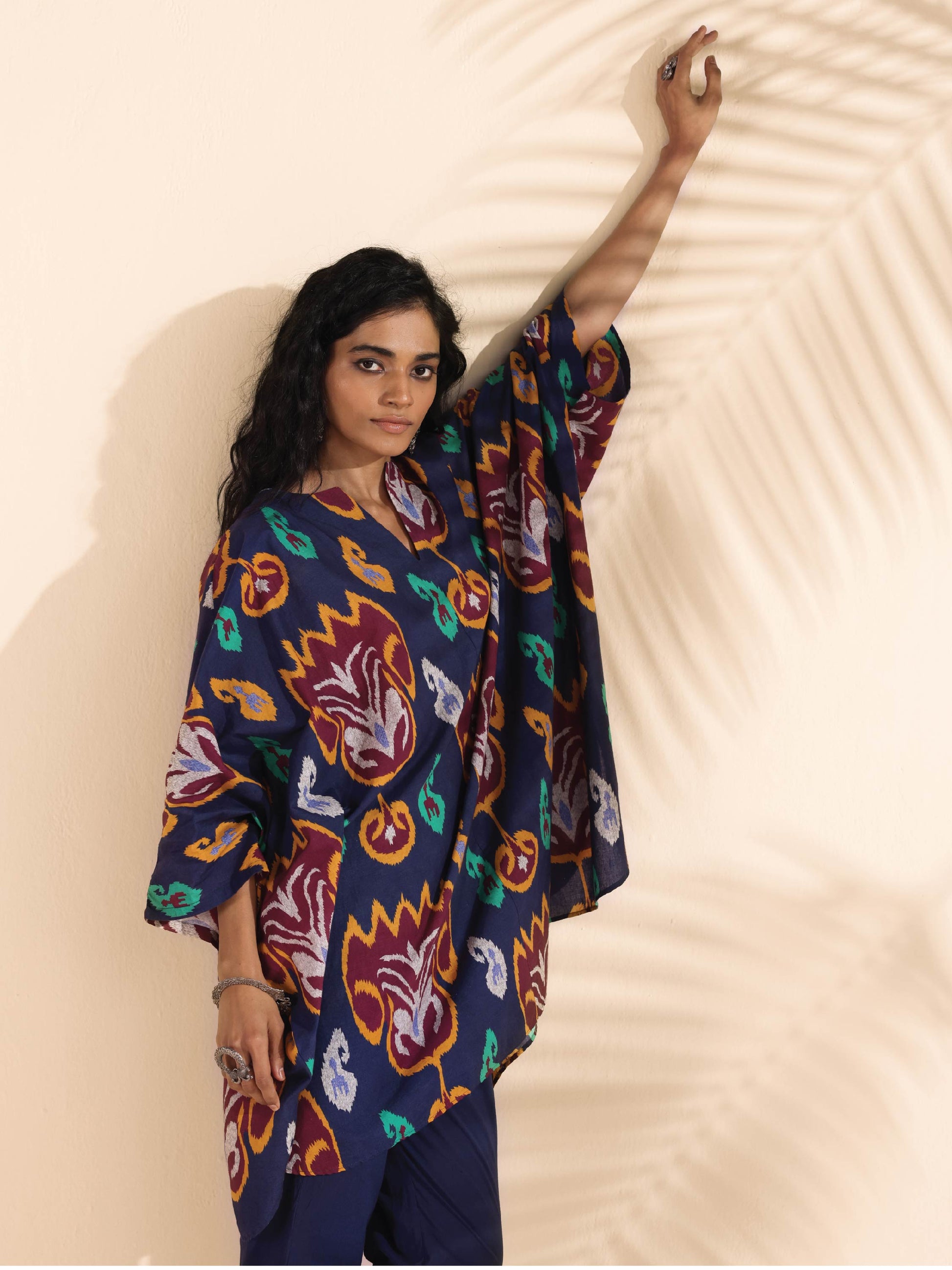 trueBrowns Purple Cotton Ikat Kaftan Co-ord Set - Swadesiicart