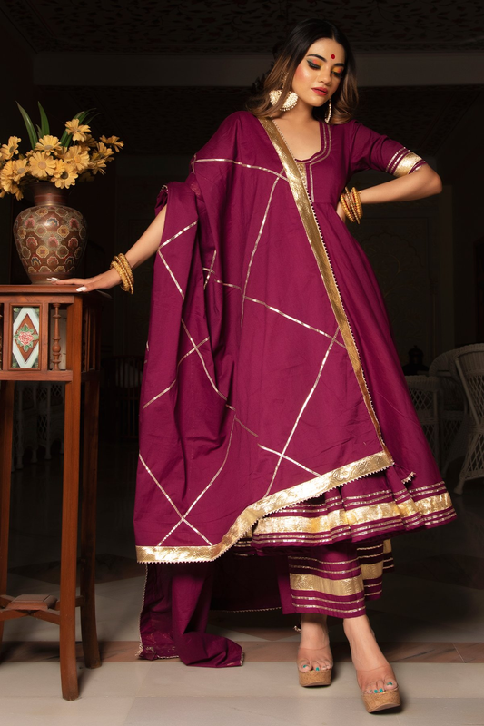 Pomcha Jaipur Burgundy Pure Cotton Anarkali Set | Swadesiicart