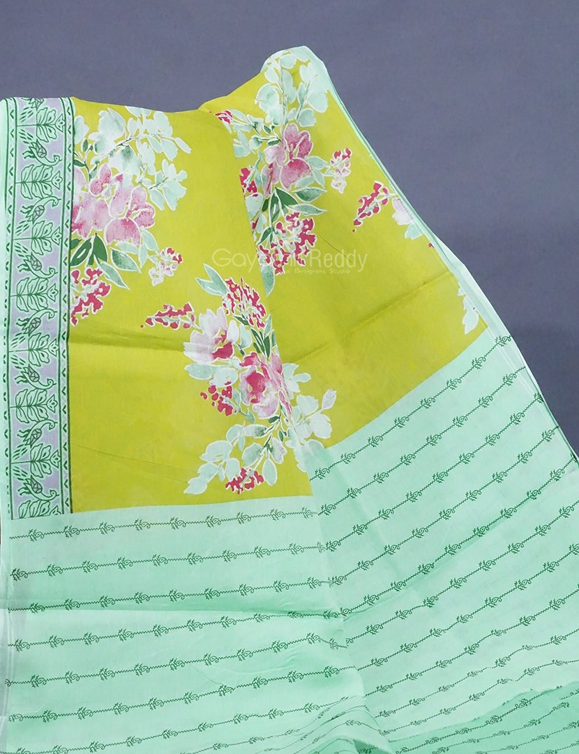 Lime Greencolour Block Print Pure Mulmul Cotton Saree By Gayathri Reddy Designer Studio | Swadesiicart
