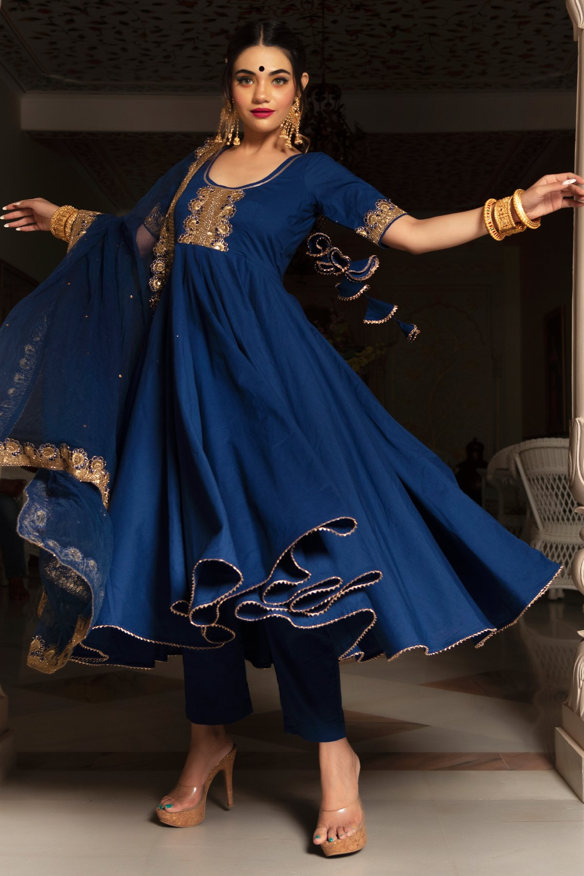 Pomcha Jaipur Minakari Blue Anarkali Set | Swadesiicart