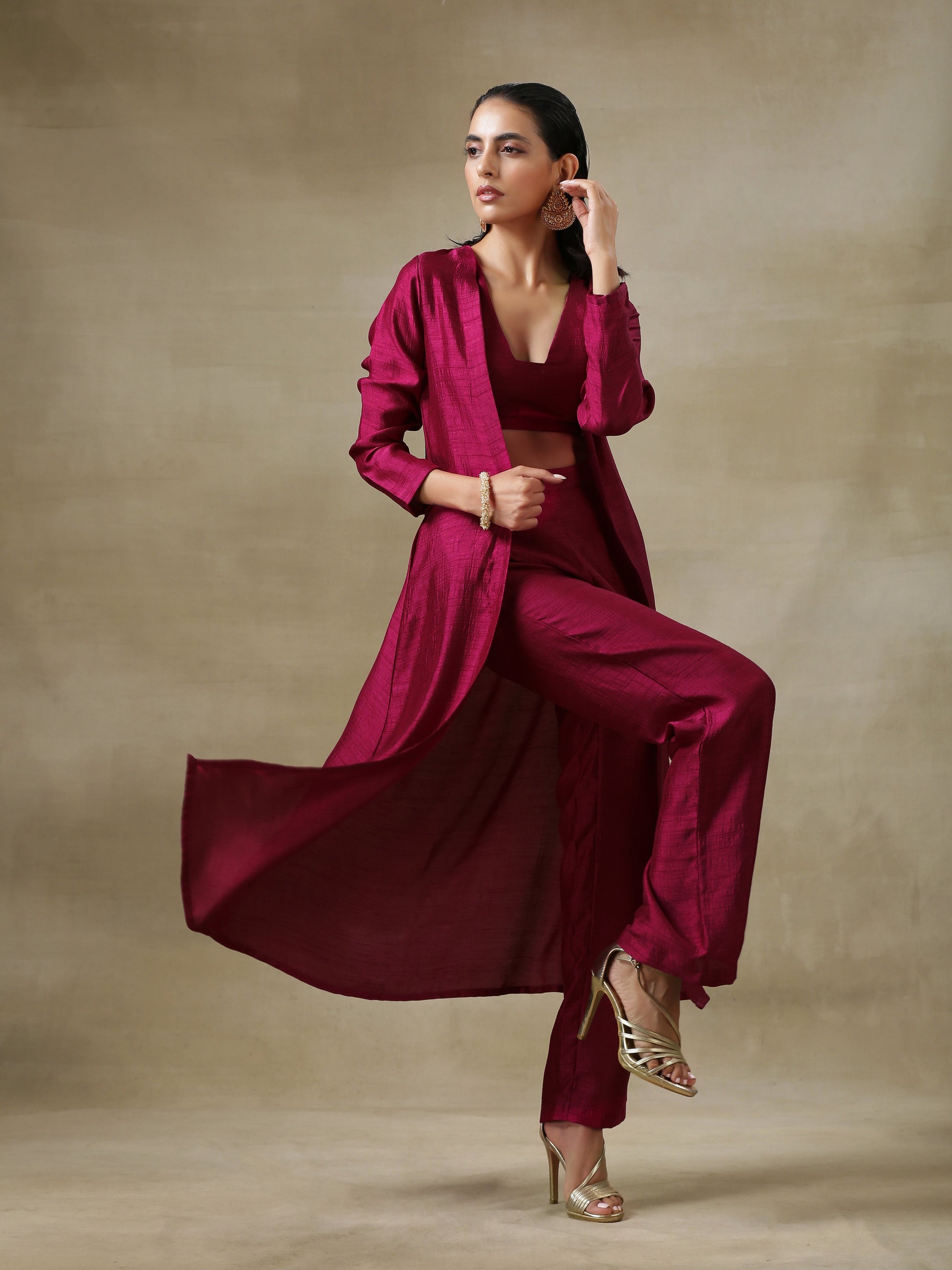 trueBrowns Purple Textured Silk Overlay Jacket Blouse Pant Set | Relove | Swadesiicart