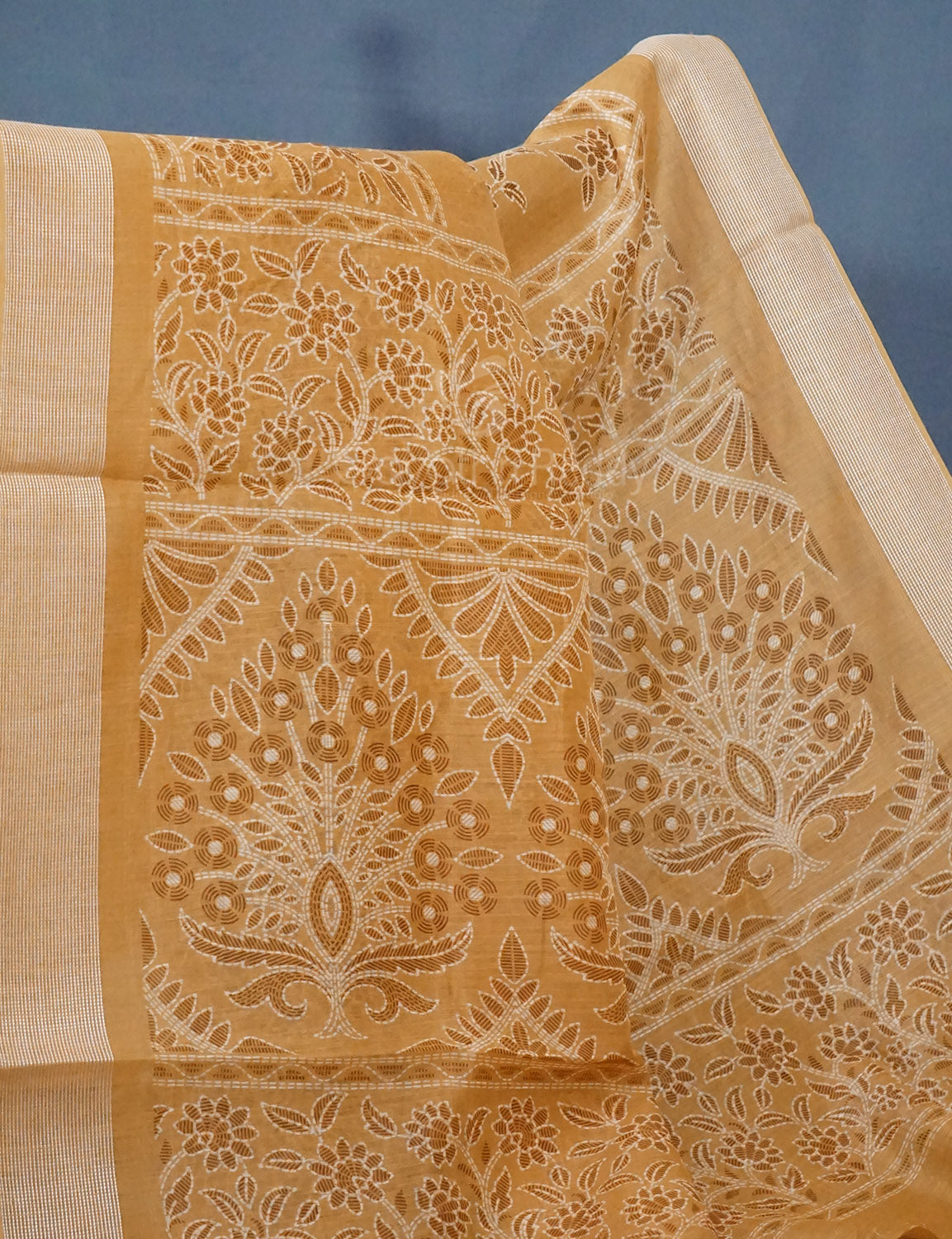 Shades of Light Mustard Colour Floral Print Semi Chanderi Saree By Gayathri Reddy Designer Studio | Swadesiicart