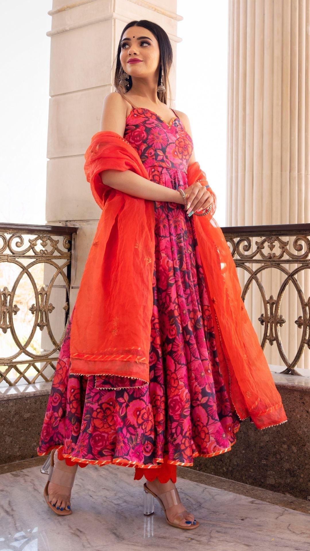 Pomcha Jaipur Tara Orange Printed Anarkali Set | Swadesiicart
