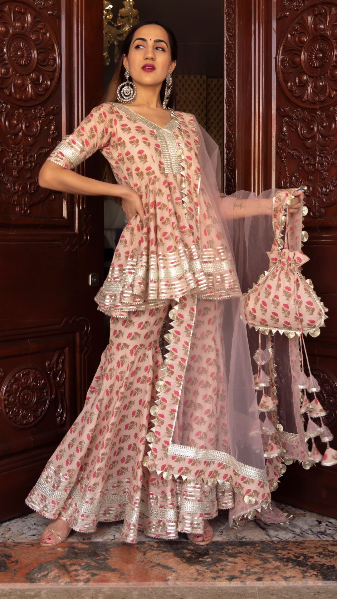 Pomcha Jaipur Peach Hand Block Cotton Sharara Set | Swadesiicart