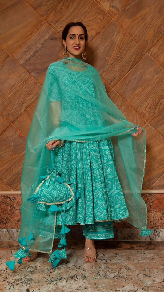 Pomcha Jaipur Bandhej Tiffany Blue Cotton Anarkali Set | Swadesiicart