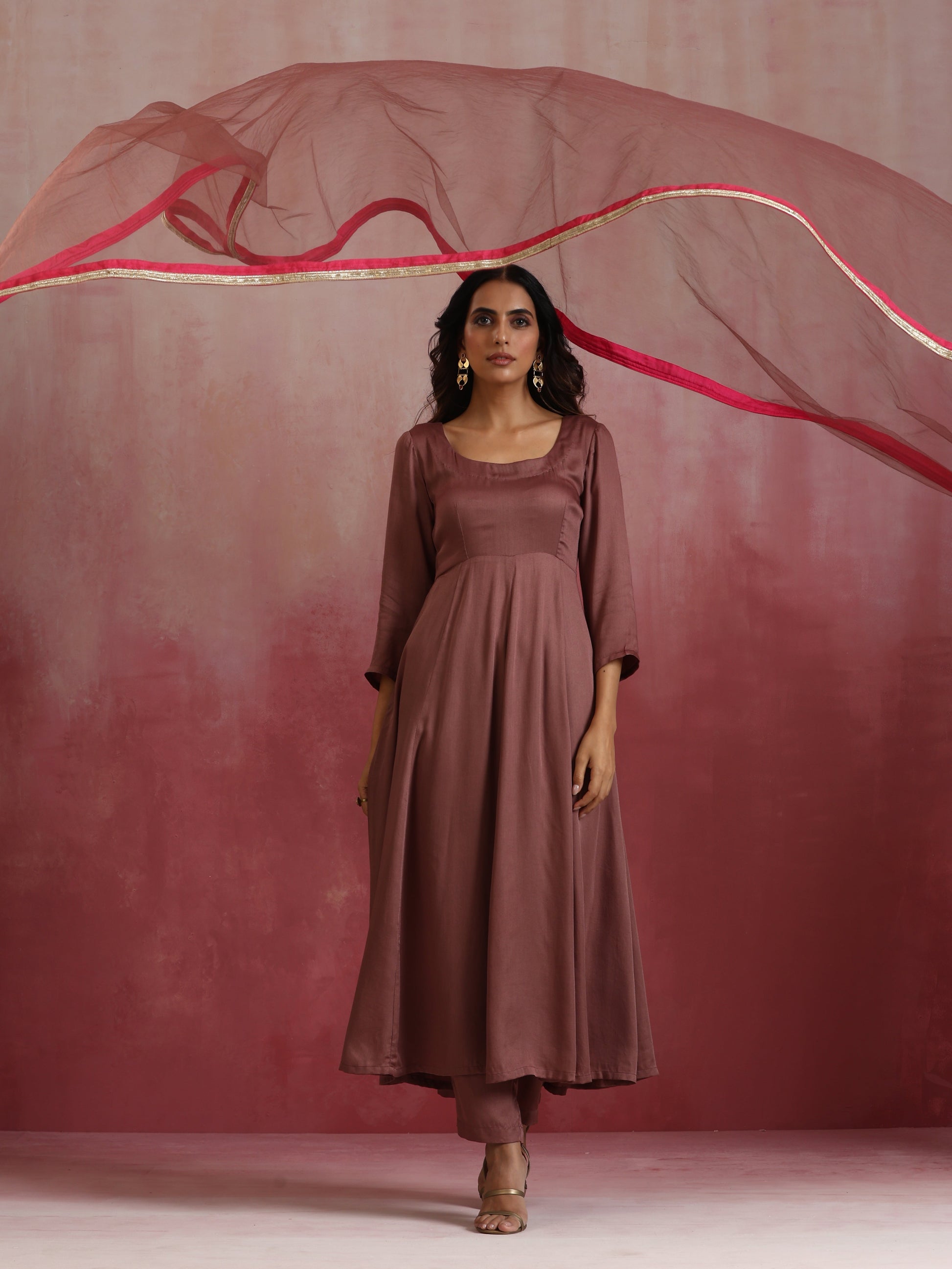 trueBrowns Brown Modal Anarkali Kurta Set | Swadesiicart