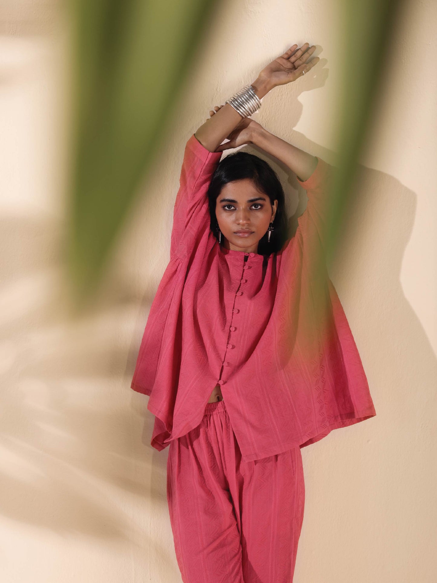 trueBrowns Pink Cotton Dobby Oversized Co-ord Set - Swadesiicart