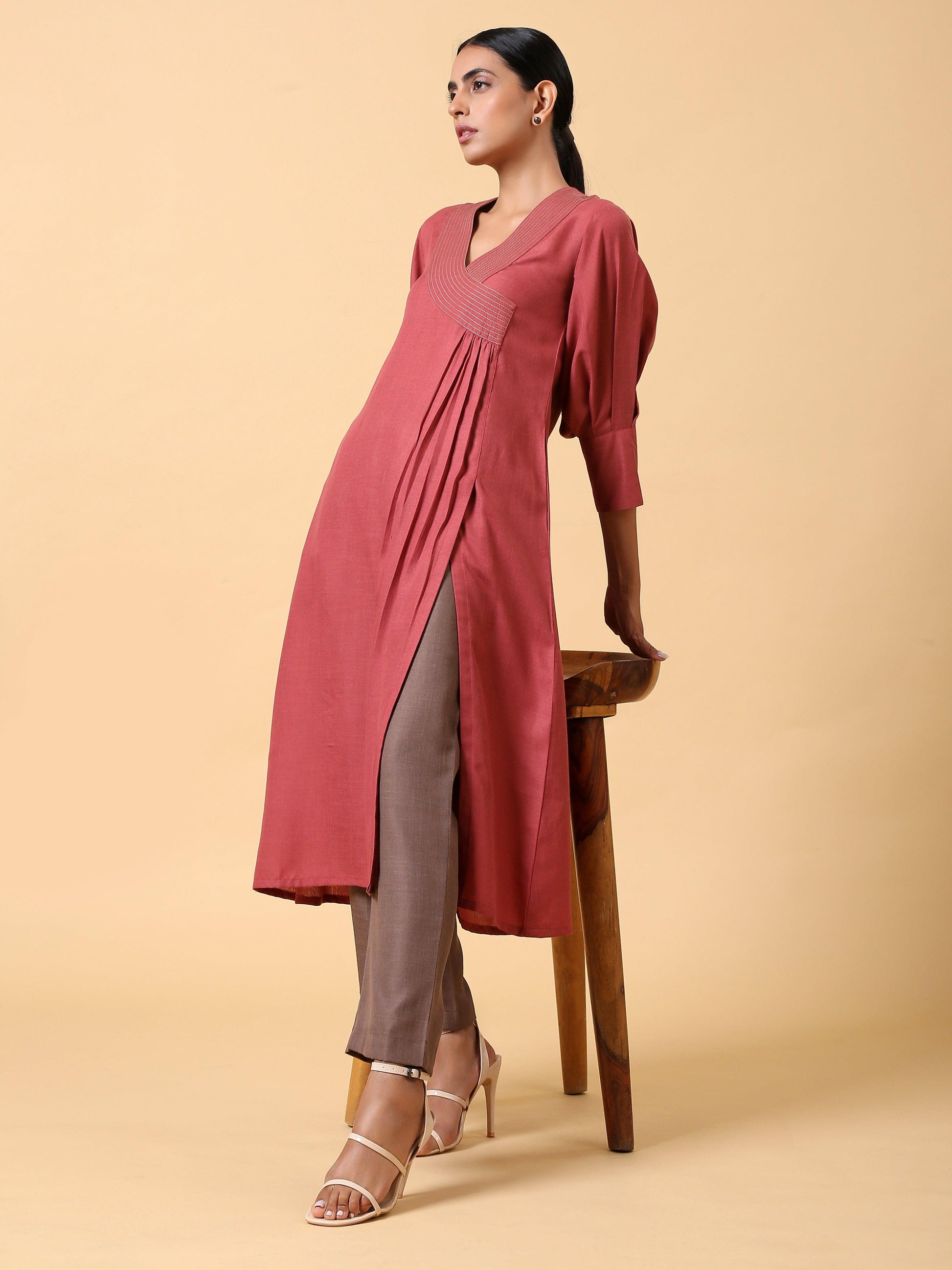trueBrowns Cotton Linen Rust Red Kurta Pant Set | Swadesiicart