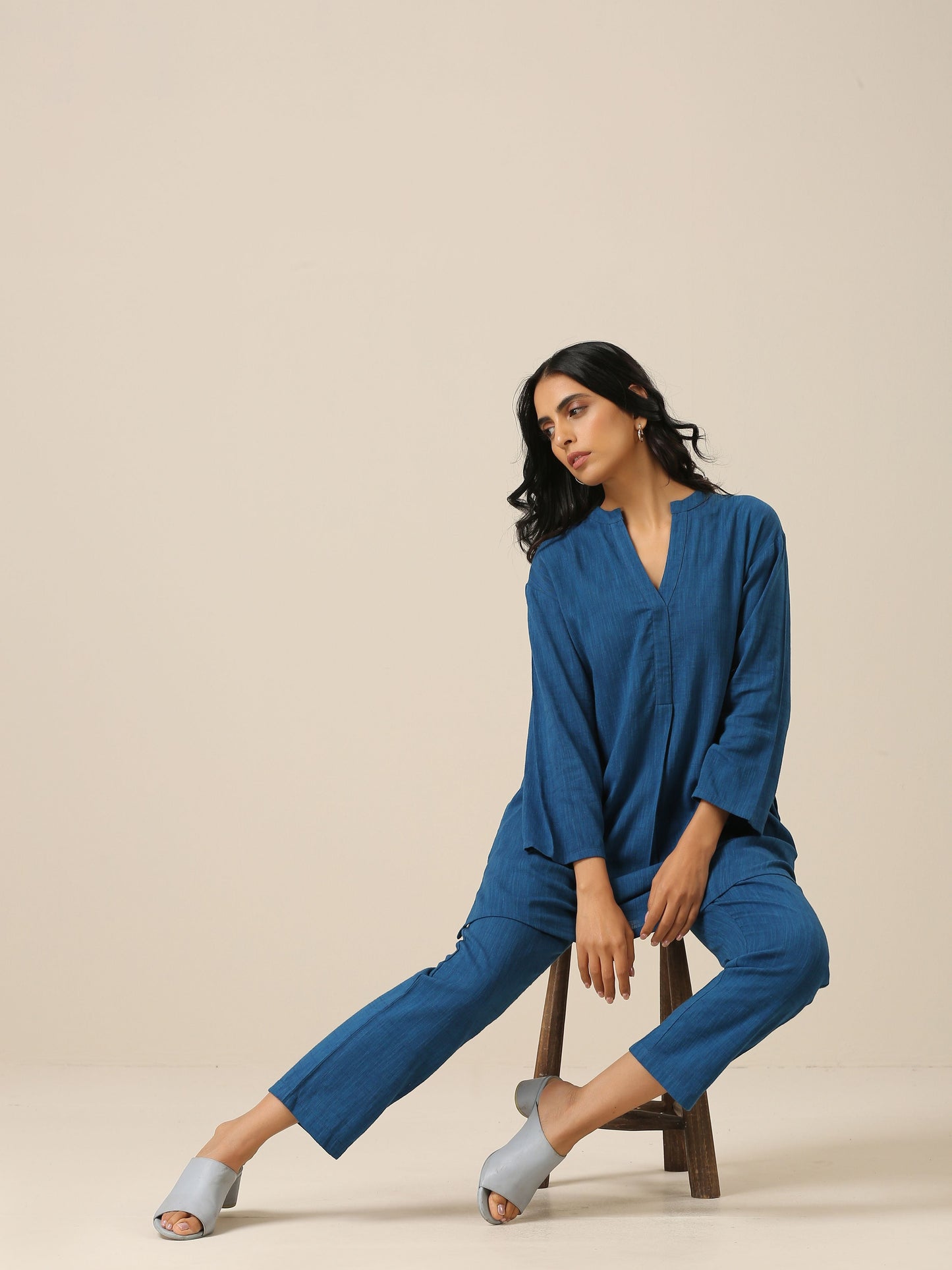 trueBrowns Classic Blue Slub Texture Relax Fit Co-Ord Set - Swadesiicart