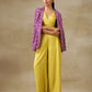 trueBrowns Lime Green Bandhani Printed Silk Top Pant with Purple Printed Jacket Set | Swadesiicart