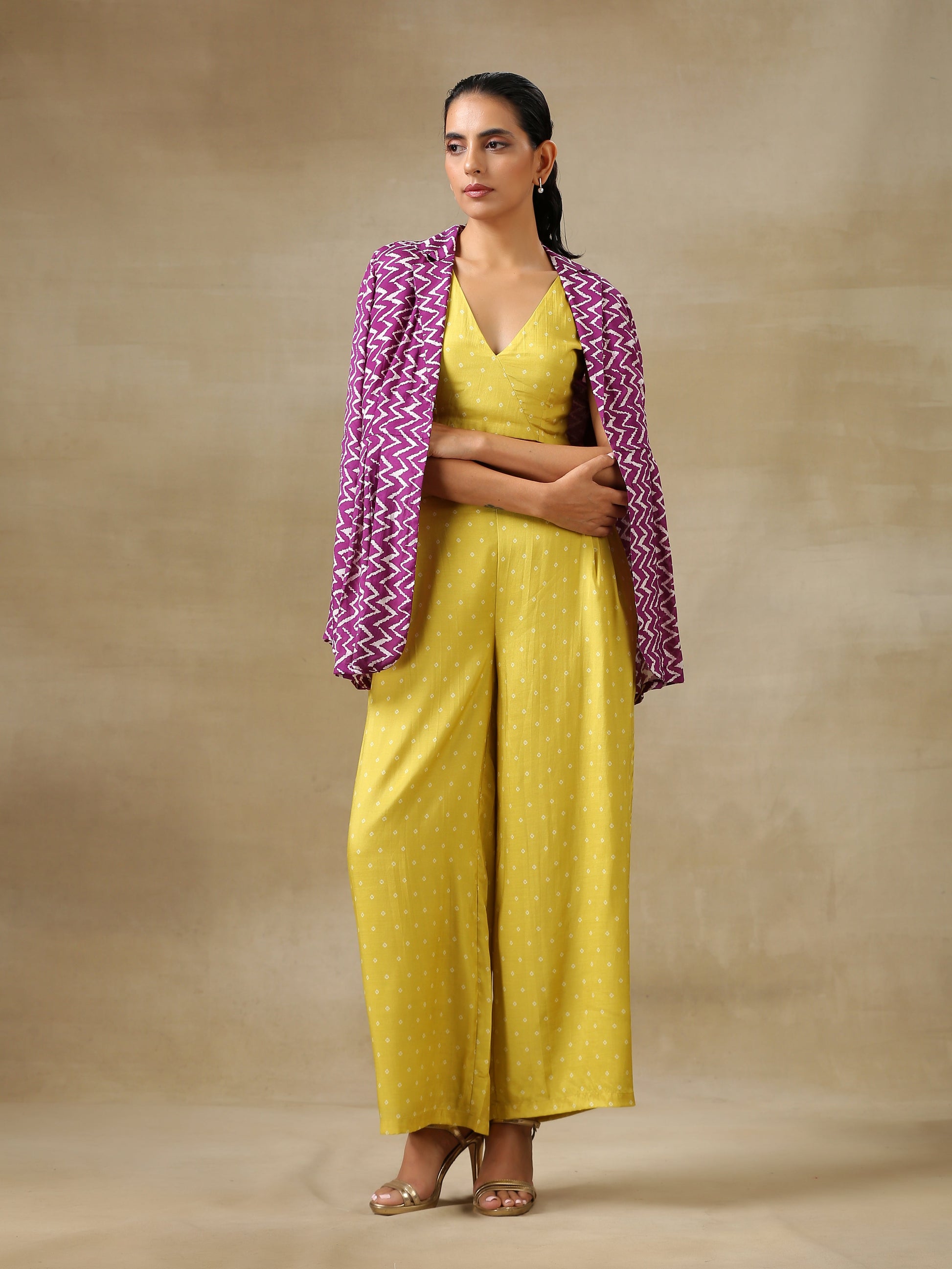 trueBrowns Lime Green Bandhani Printed Silk Top Pant with Purple Printed Jacket Set | Swadesiicart