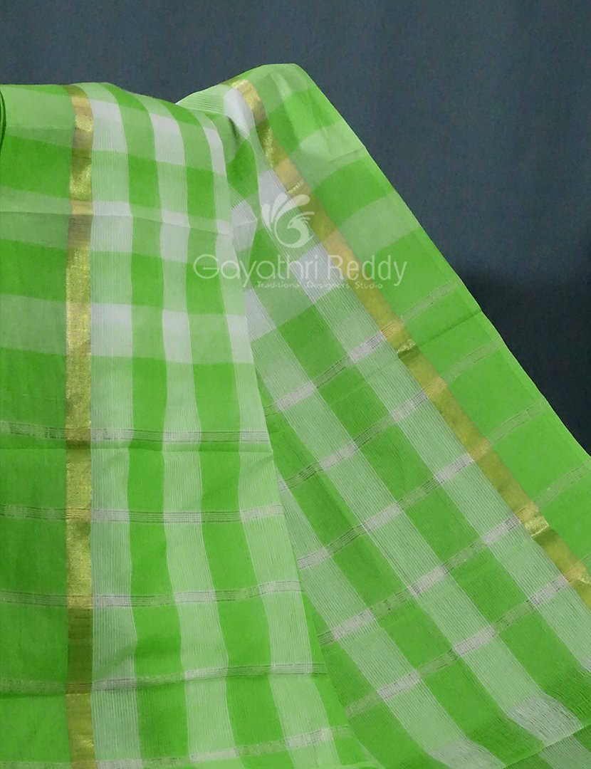Cream And Neon Green With Checks Pure Mangalgiri Cotton Saree By Gayathri Reddy Designer Studio | Swadesiicart