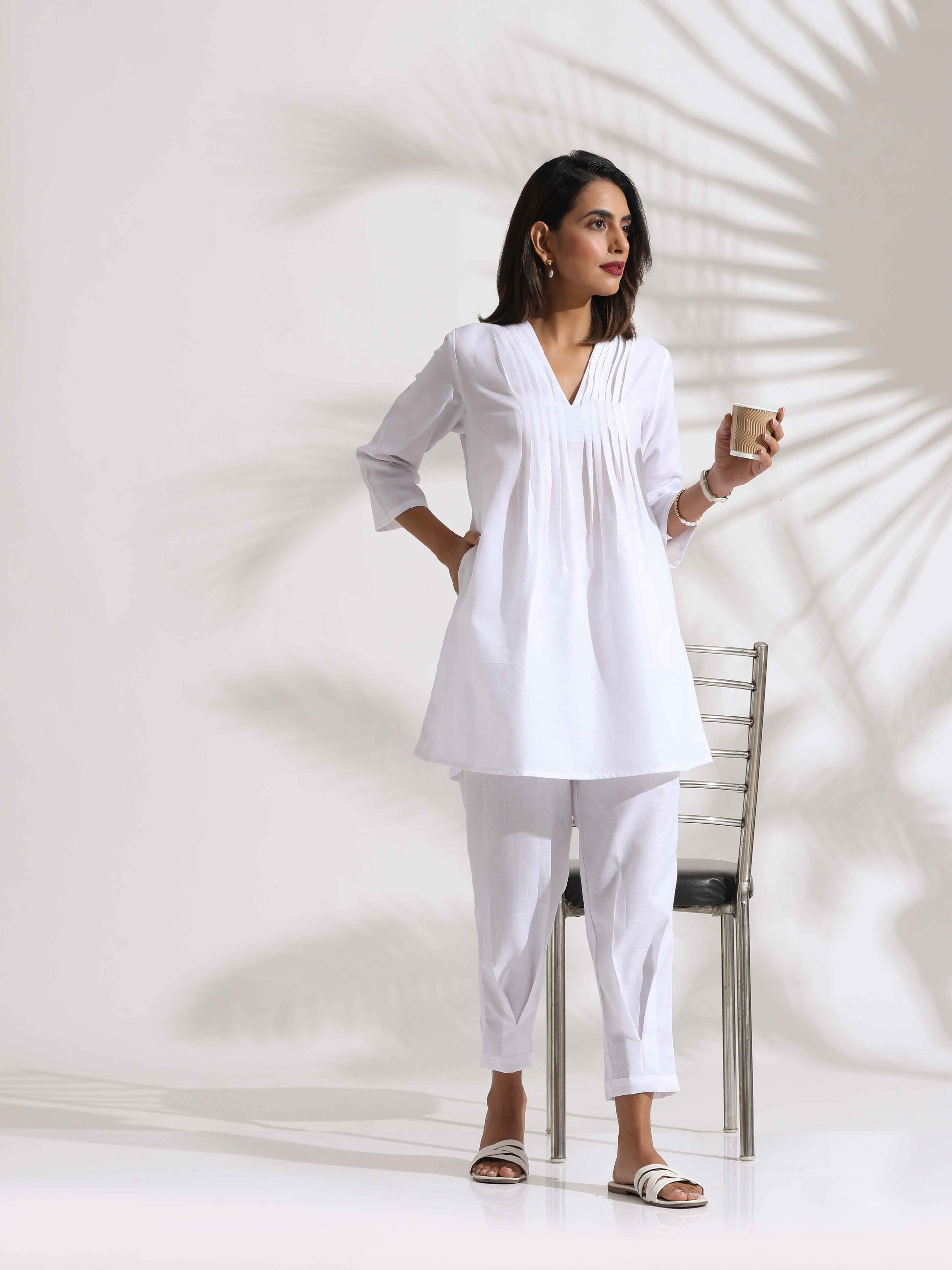 trueBrowns White Slub Co-ord Set - Swadesiicart