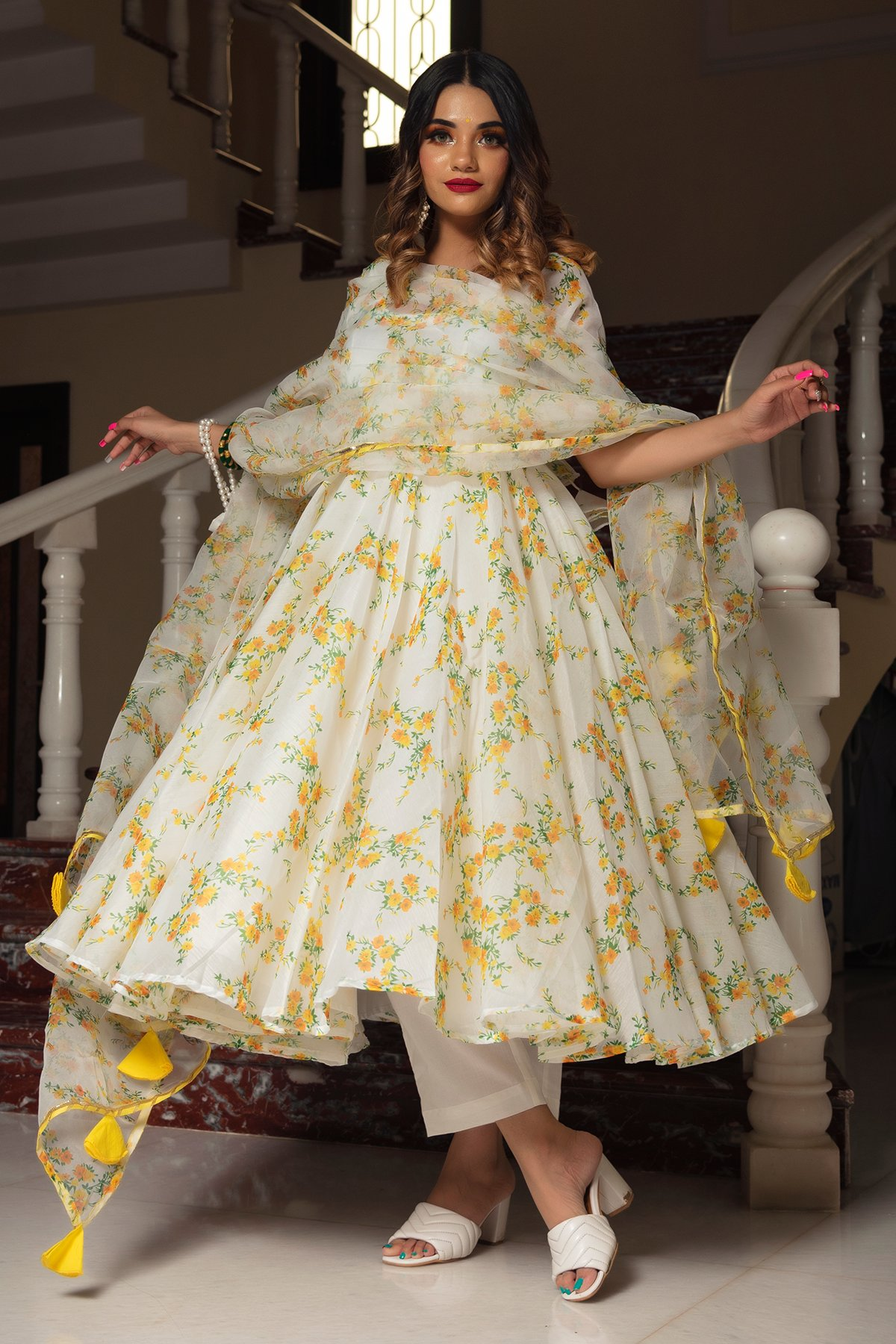 Pomcha Jaipur Yellow Phool Organza Anarkali Set | Swadesiicart