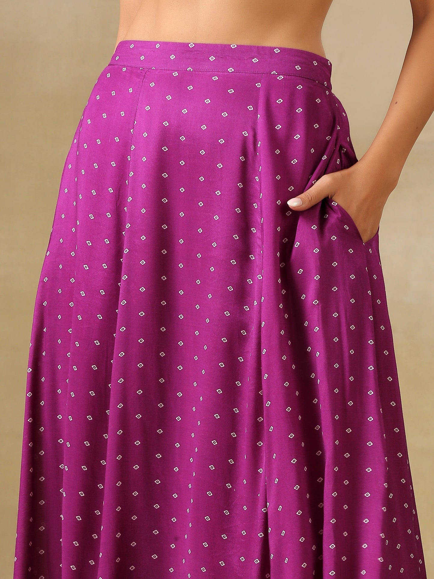 trueBrowns Purple Bandhani Printed Silk Top Skirt Jacket Set | Swadesiicart