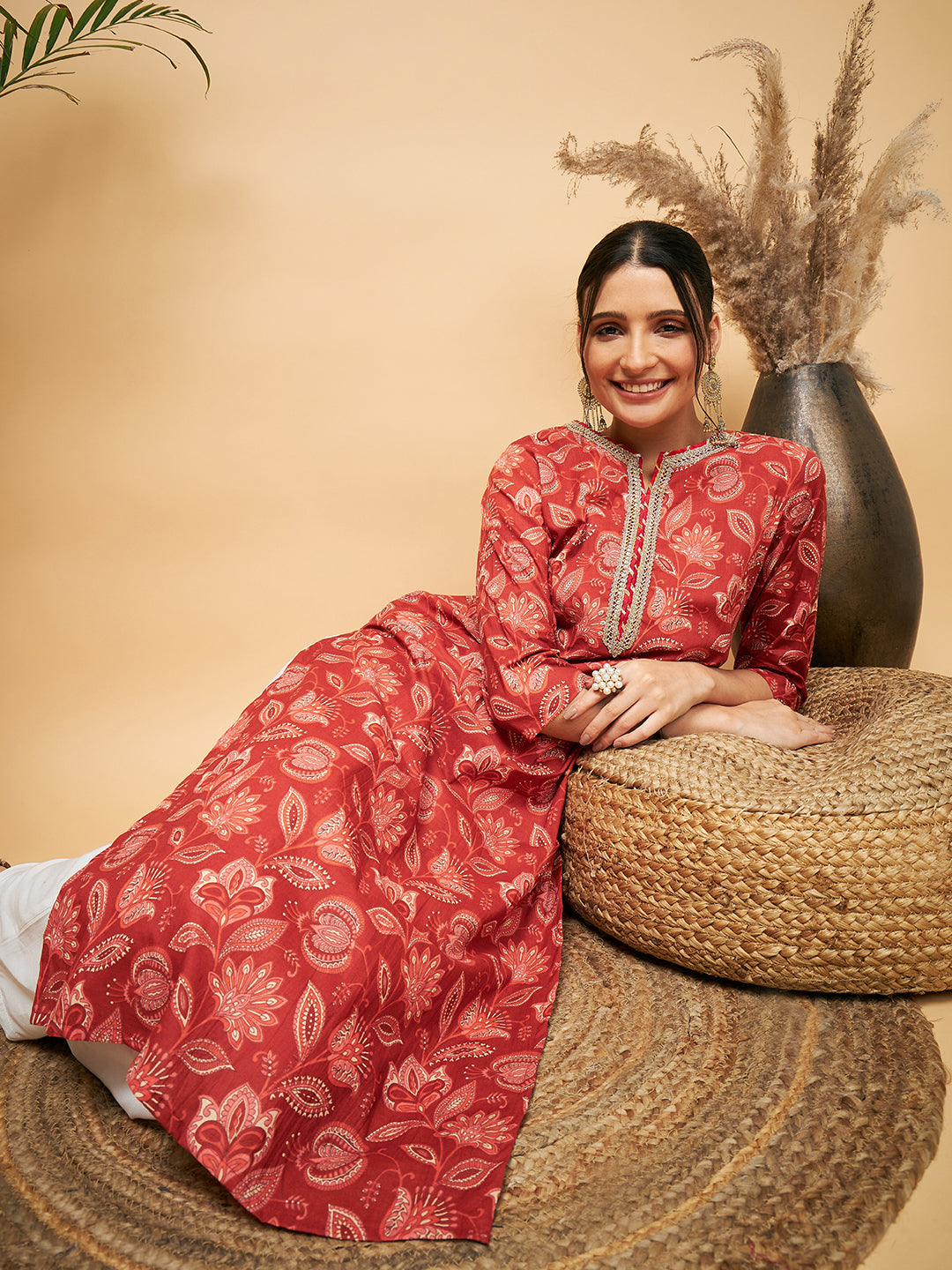 InWeave Women's Rust Paisley Print Gota Straight Kurta - Swadesiicart