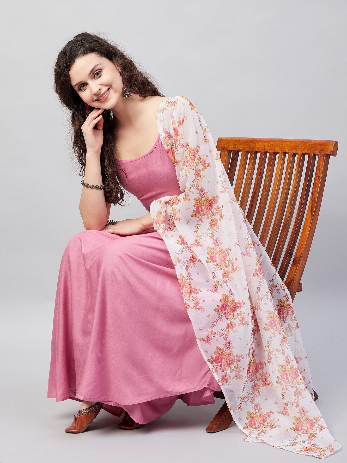 InWeave Women's Light Pink Strappy Set W Cream Orange Print Ge Dupatta - Swadesiicart