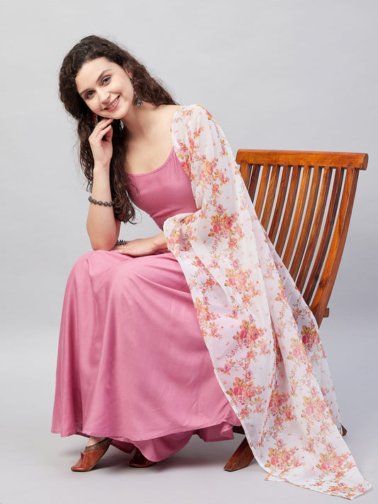 InWeave Women's Light Pink Strappy Set W Cream Orange Print Ge Dupatta - Swadesiicart