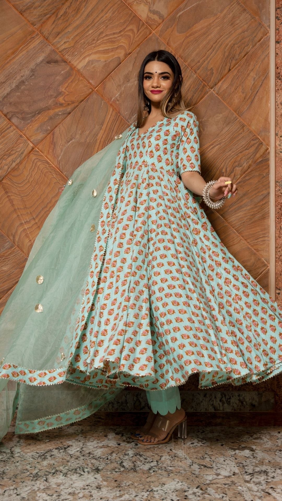 Pomcha Jaipur Lilly Of Valley Hand Block Anarkali Set | Swadesiicart