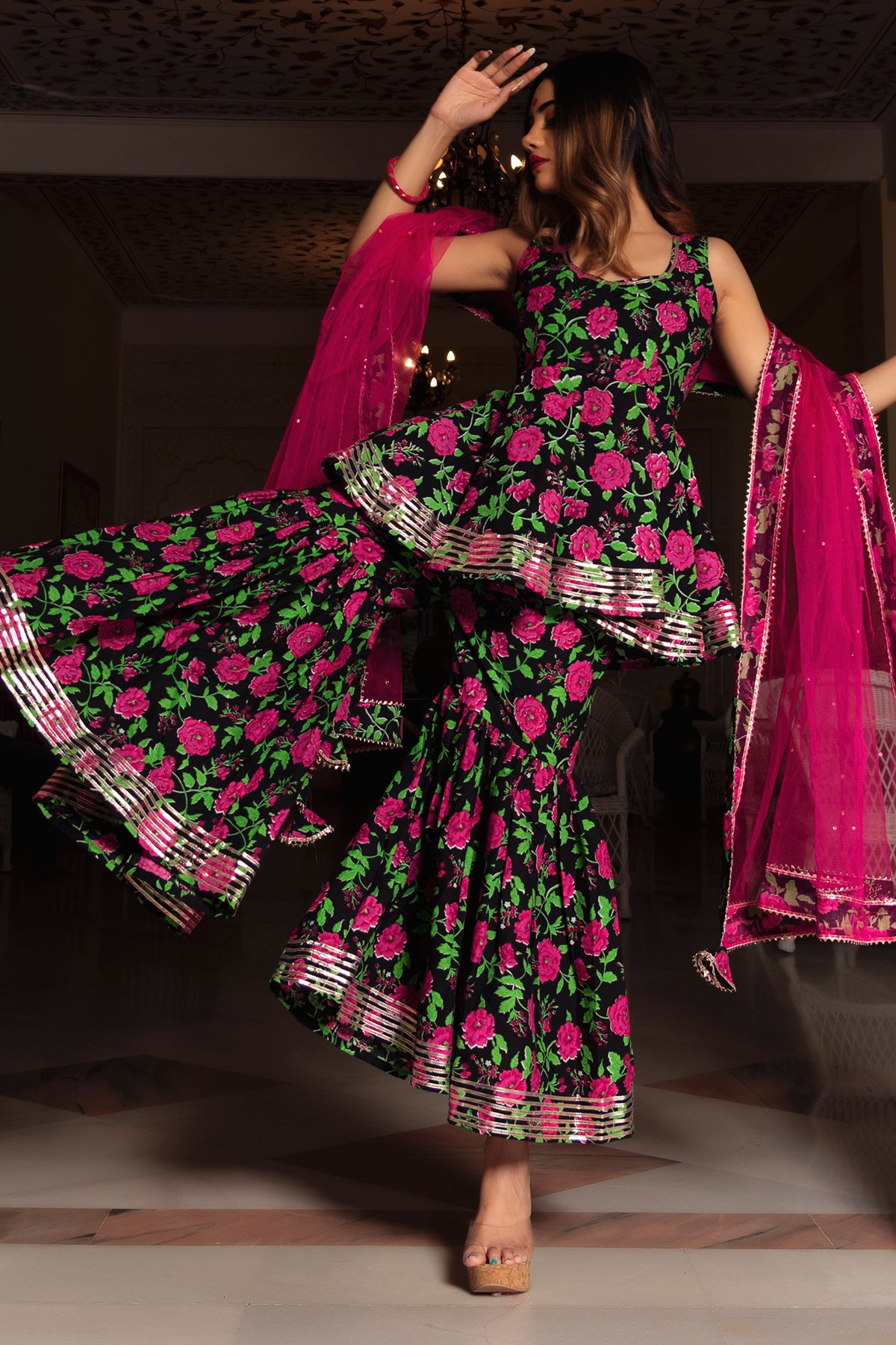 Pomcha Jaipur Gulmohar Cotton Hand Block Sharara Set | Swadesiicart