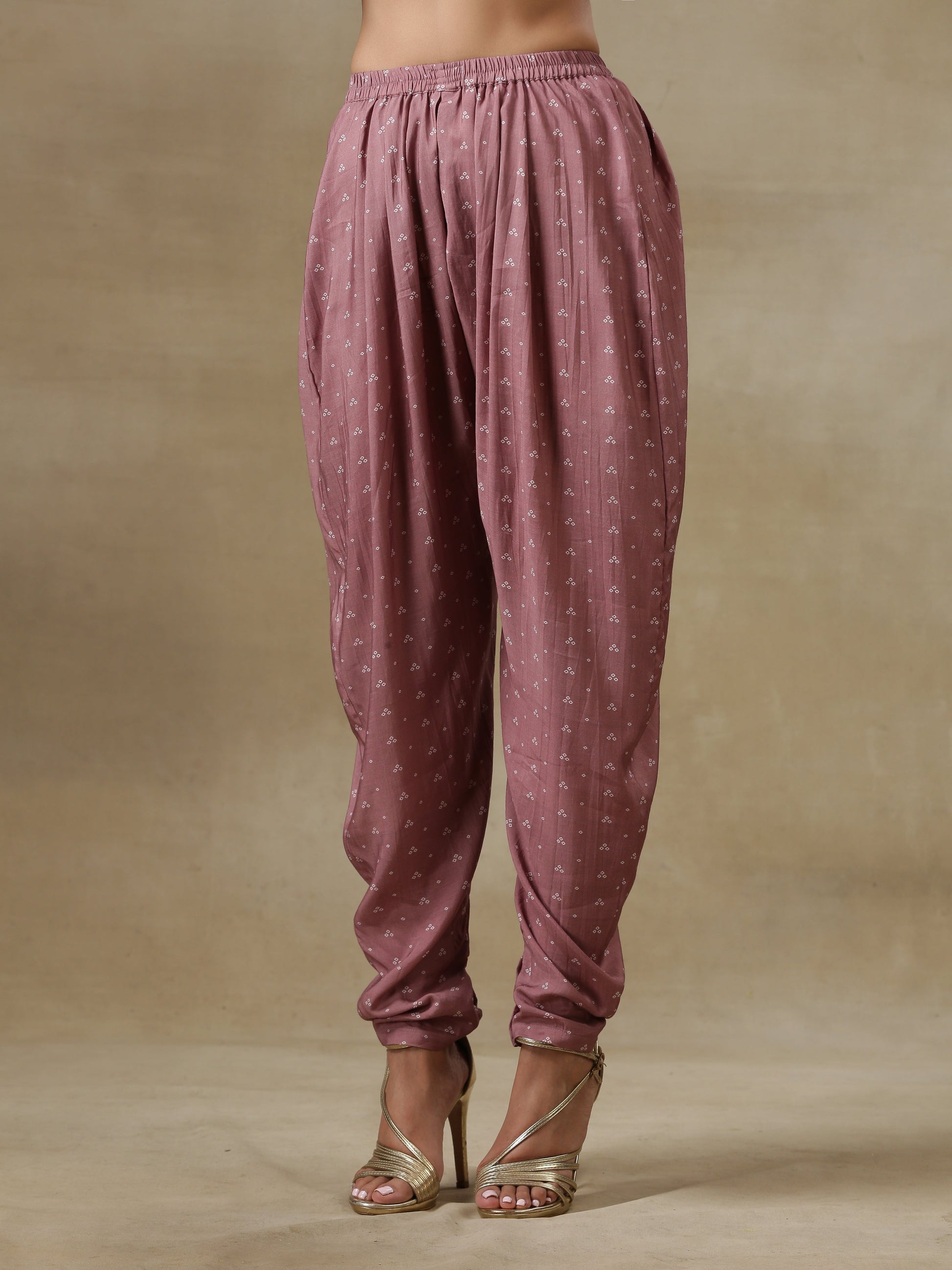 trueBrowns Dark Mauve Bandhani Printed Silk Loose Kurta Dhoti Pant Set | Swadesiicart